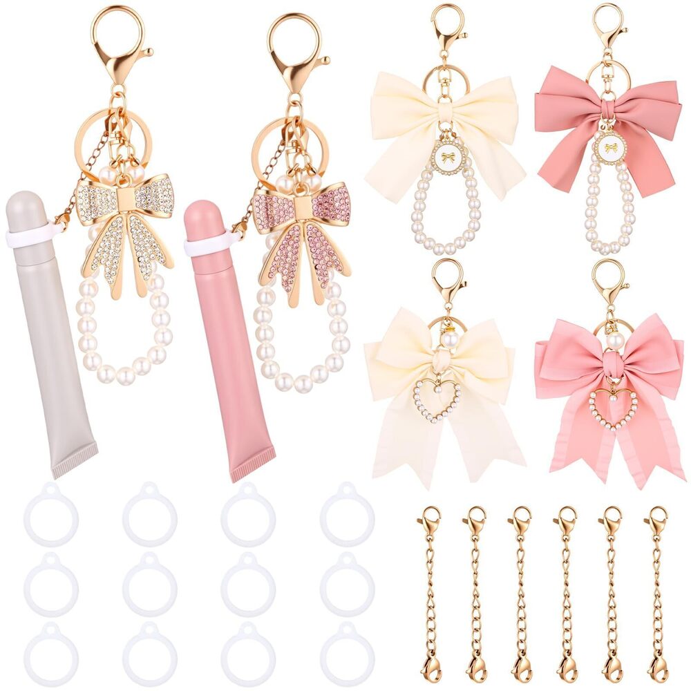 4656 Lip Gloss Keychains, 6 Pack Cute Pearl Bow Keychain Wristlet Lipstick